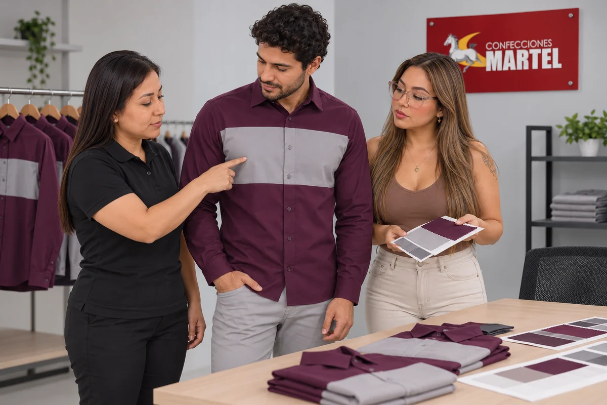 Dos mujeres revisan el panel gris de una camisa ciruela que lleva un hombre junto a muestras de tela.