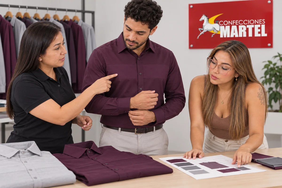 Una mujer señala el panel liso de una camisa ciruela mientras otra revisa dibujos y muestras junto al modelo.