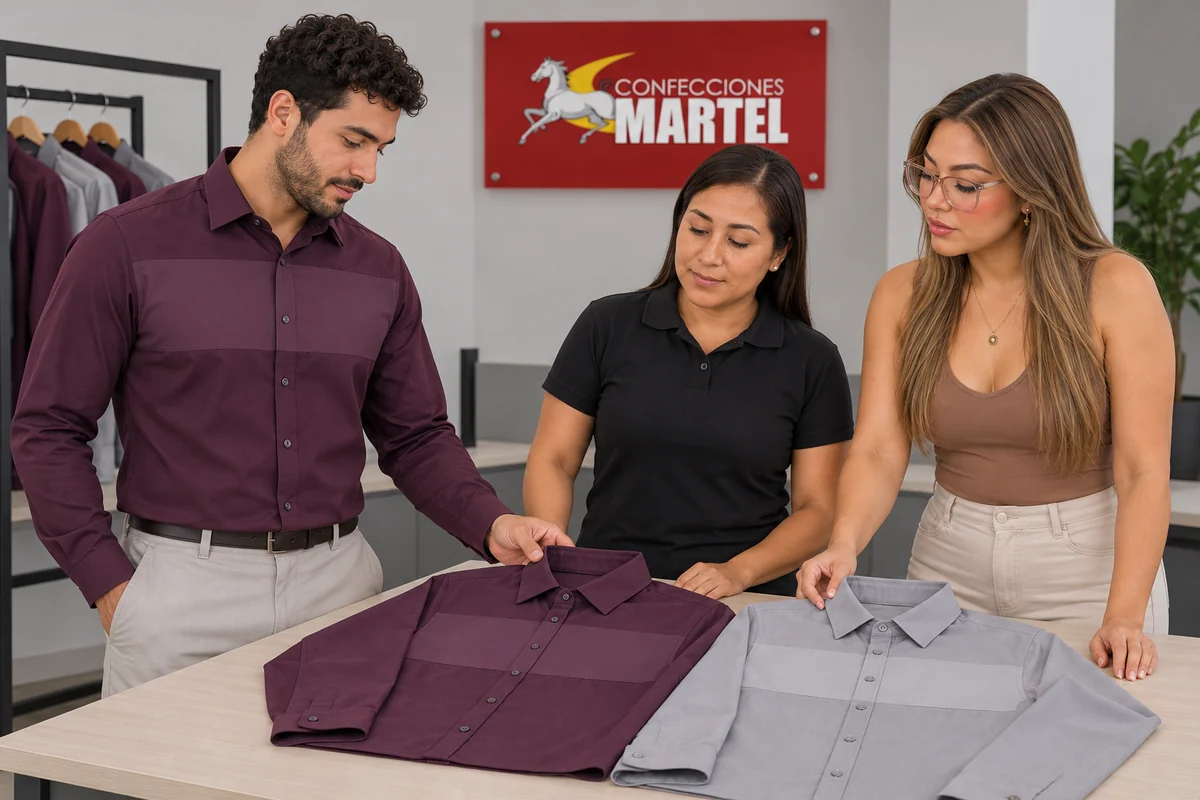 Dos mujeres y un hombre comparan camisas ciruela y gris claro con paneles lisos sobre una mesa.