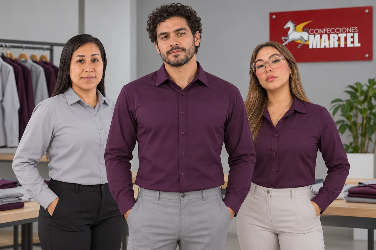 Tres modelos presentan camisas lisas ciruela y gris claro en una sala de muestras.