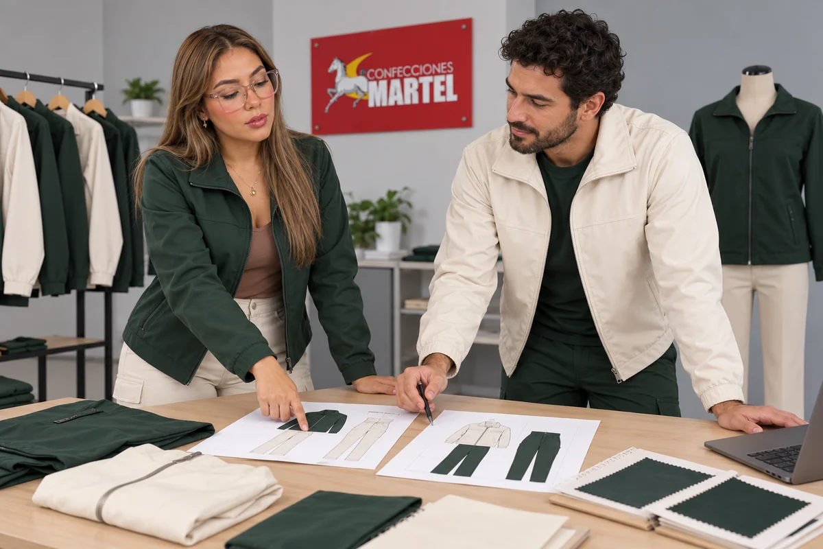 Mujer con casaca verde y hombre con casaca marfil revisan dos dibujos de conjuntos sobre una mesa.