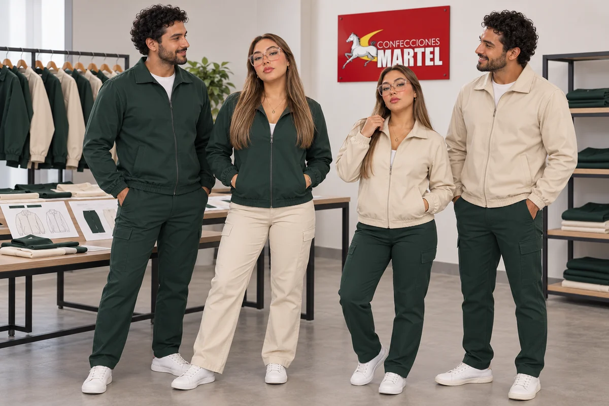 Composición de cuatro vistas de modelos con casacas y pantalones en verde bosque y marfil.