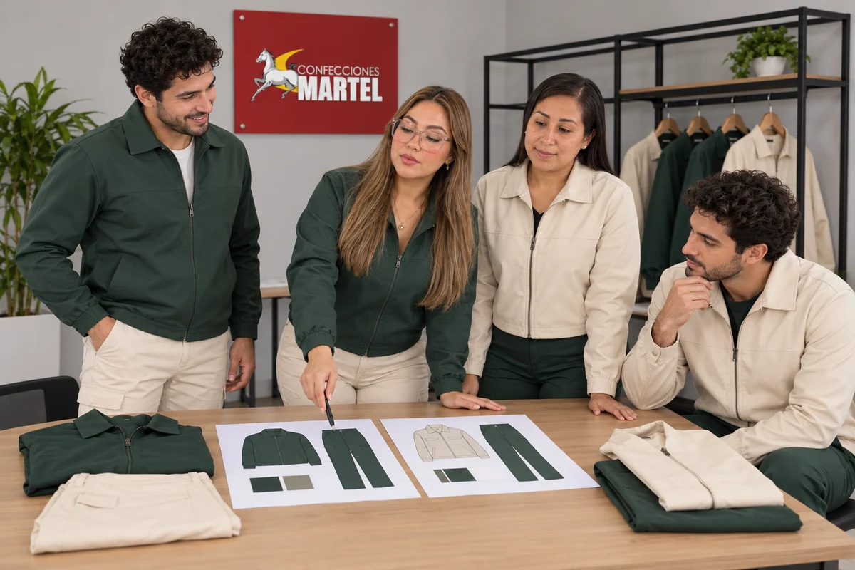 Dos mujeres y dos hombres comparan dibujos y muestras dobladas de conjuntos verde bosque y marfil.