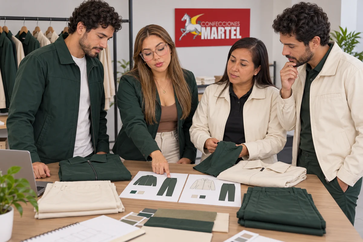 Dos mujeres y dos hombres revisan pantalones verdes, casacas y dibujos de dos combinaciones verde y marfil.