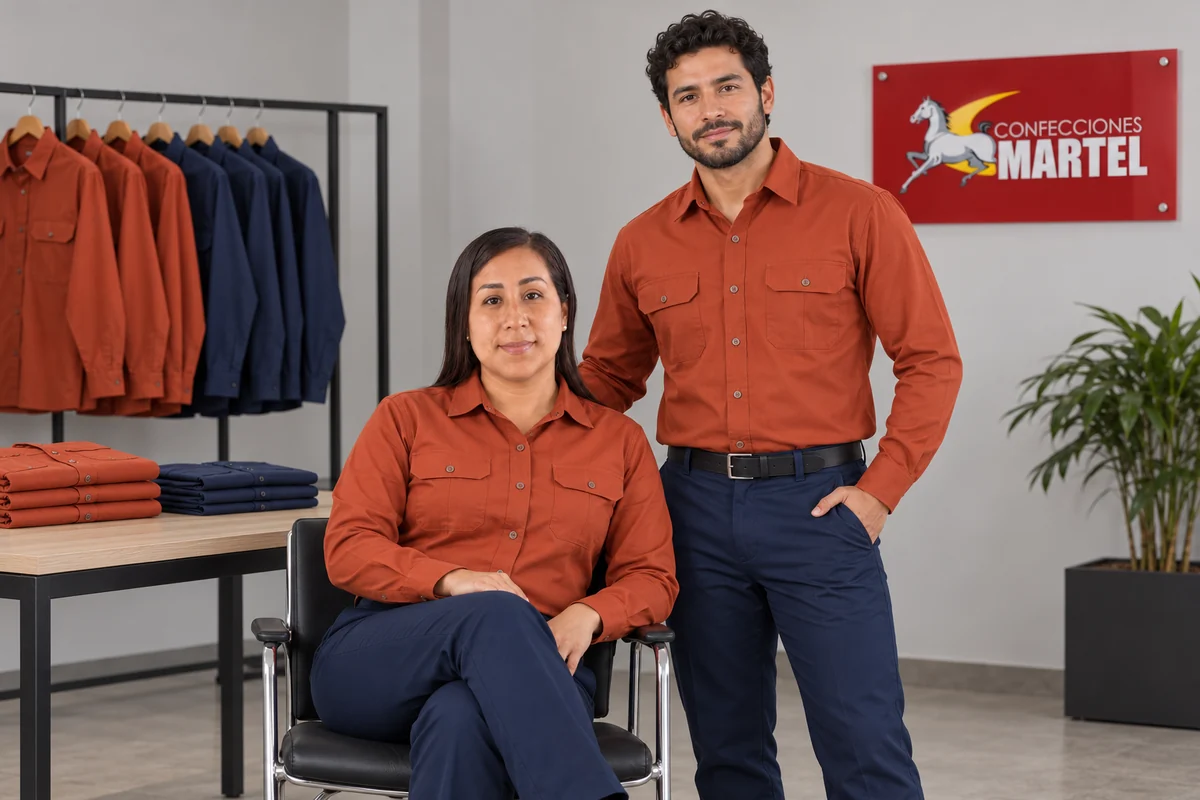 Mujer sentada y hombre de pie presentan camisas terracota con bolsillos y pantalones azul marino.