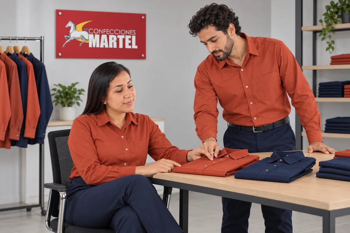 Una mujer sentada y un hombre revisan camisas terracota y azul marino dobladas sobre una mesa.