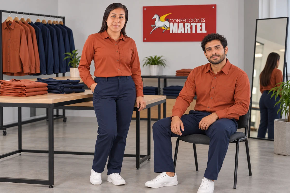 Mujer de pie y hombre sentado con camisas terracota y pantalones azul marino en una sala de muestras.