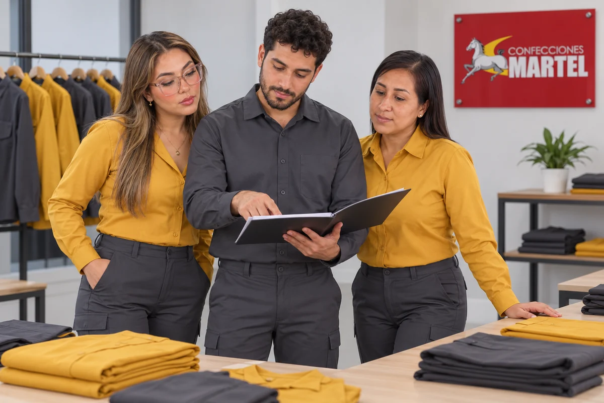 Dos mujeres con camisas mostaza y un hombre con camisa grafito consultan una carpeta abierta.