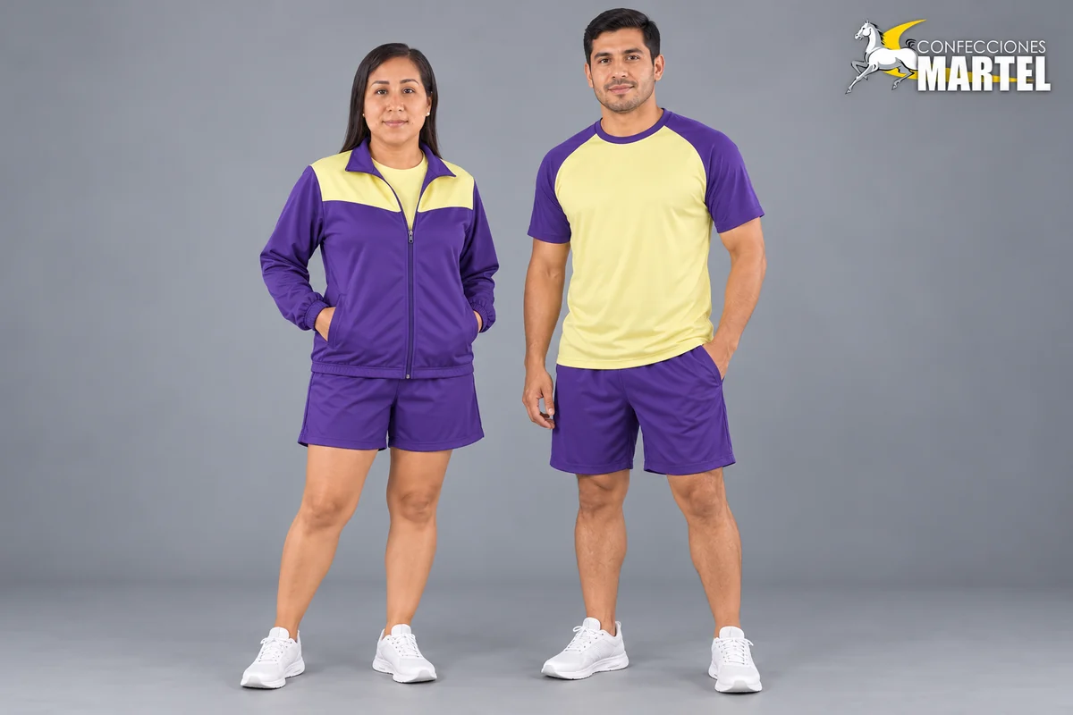 Modelos adultos con casaca violeta de canesú amarillo y camiseta raglán amarilla con shorts violetas.
