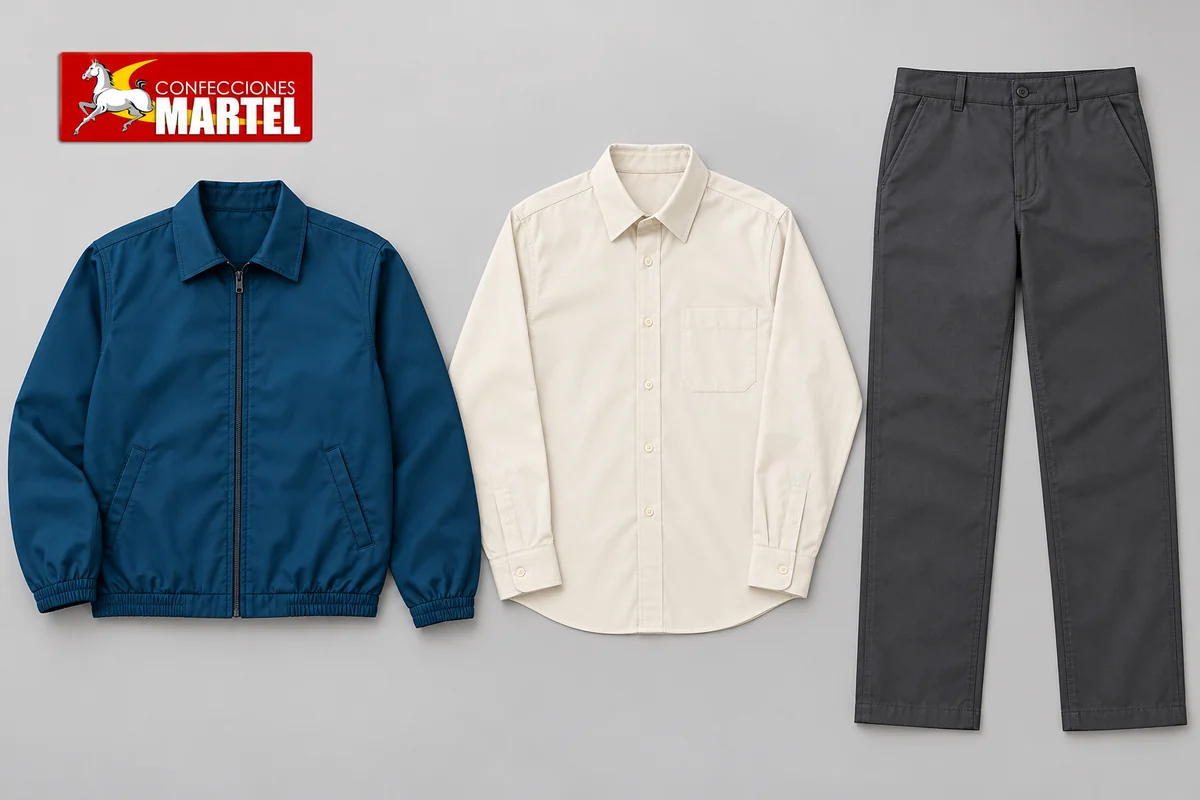Casaca petróleo, camisa marfil y pantalón grafito extendidos por separado