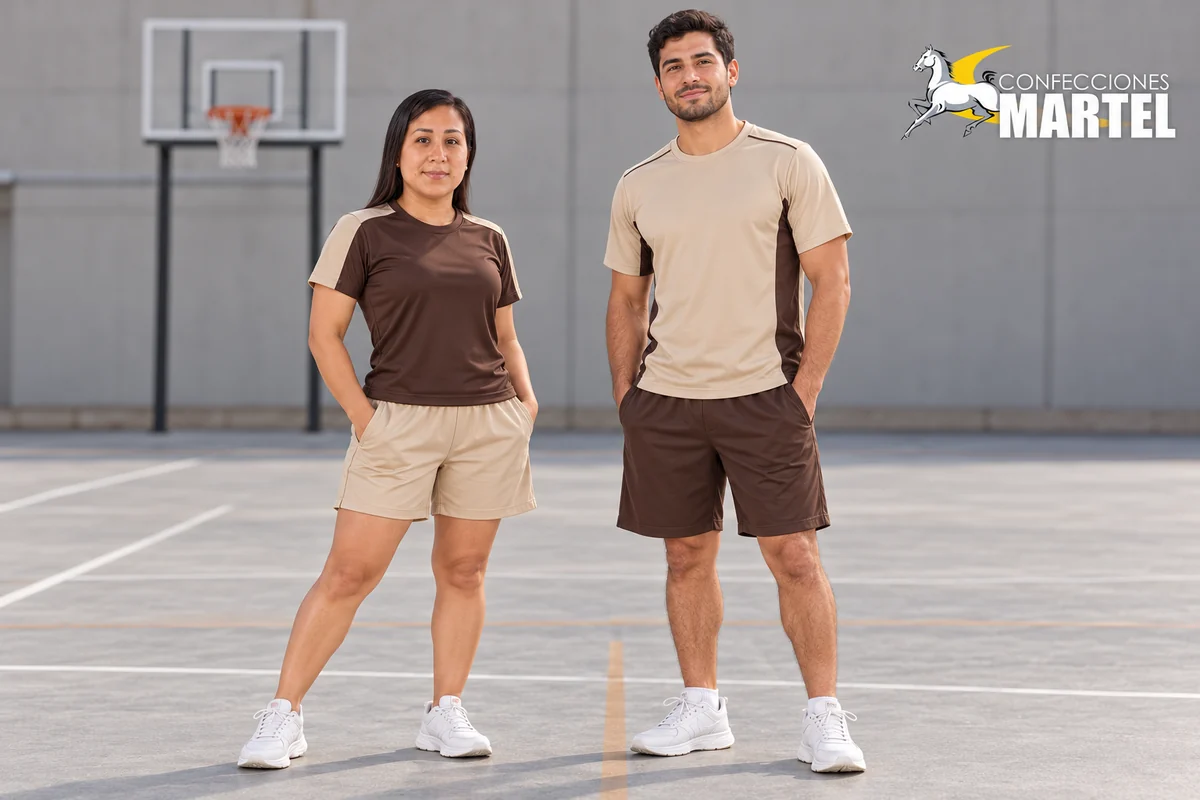 Dos modelos adultos con camisetas y shorts deportivos en combinaciones invertidas chocolate y beige.