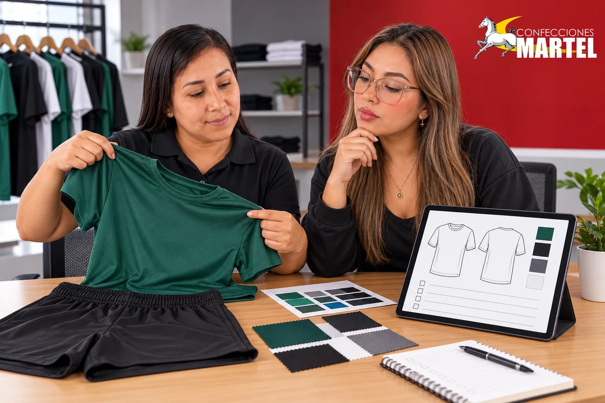 Dos mujeres revisan una camiseta esmeralda y short negro junto a bocetos digitales y muestras de color.