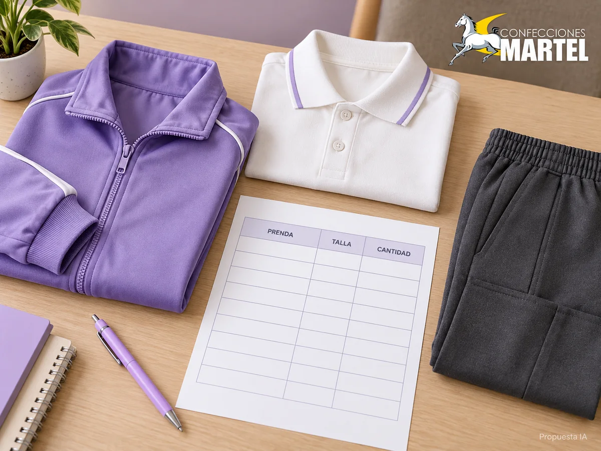 Ficha vacía de prenda, talla y cantidad junto a casaca lavanda, polo marfil y pantalón grafito. Propuesta referencial de propuesta de Confecciones Martel.
