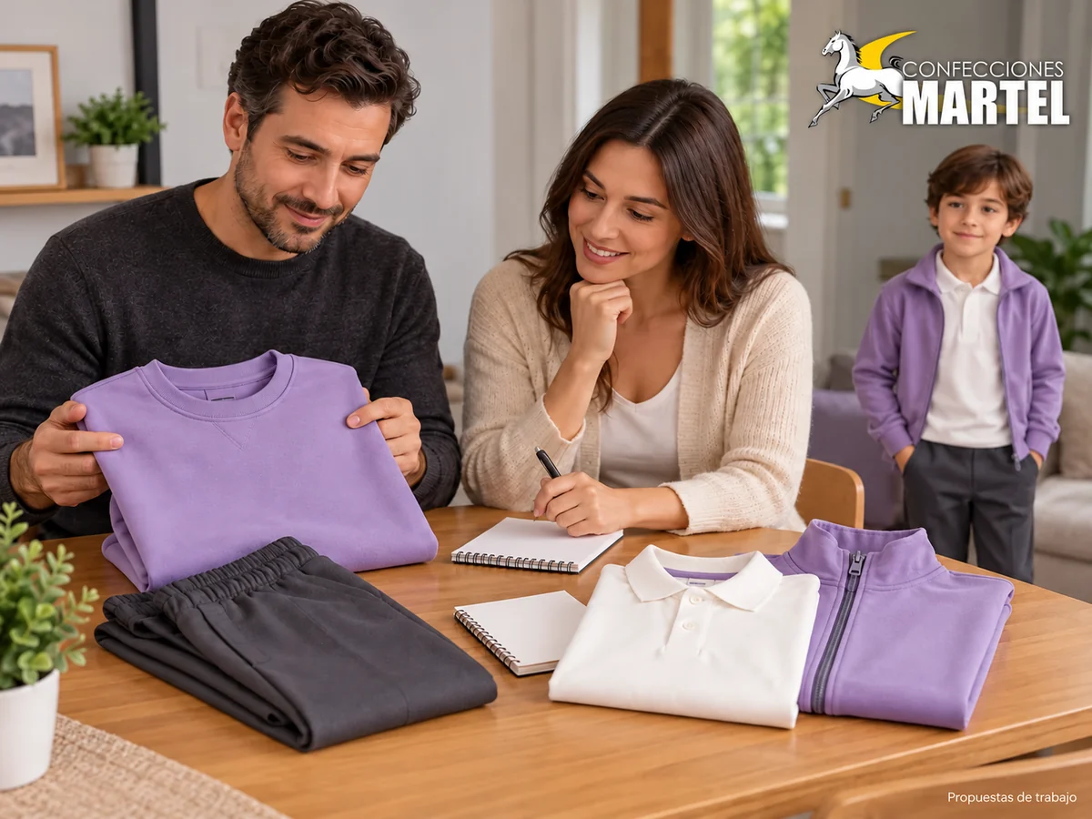 Dos adultos comparan polera lavanda y conjunto de polo, casaca y pantalón, con un niño vestido al fondo. Propuesta referencial de propuesta de Confecciones Martel.