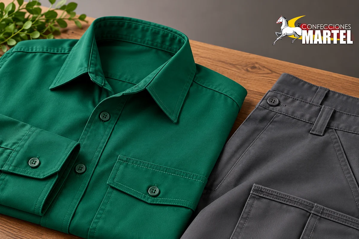 Detalle del cuello, botones y bolsillo de una camisa esmeralda junto a la cintura de un pantalón grafito.