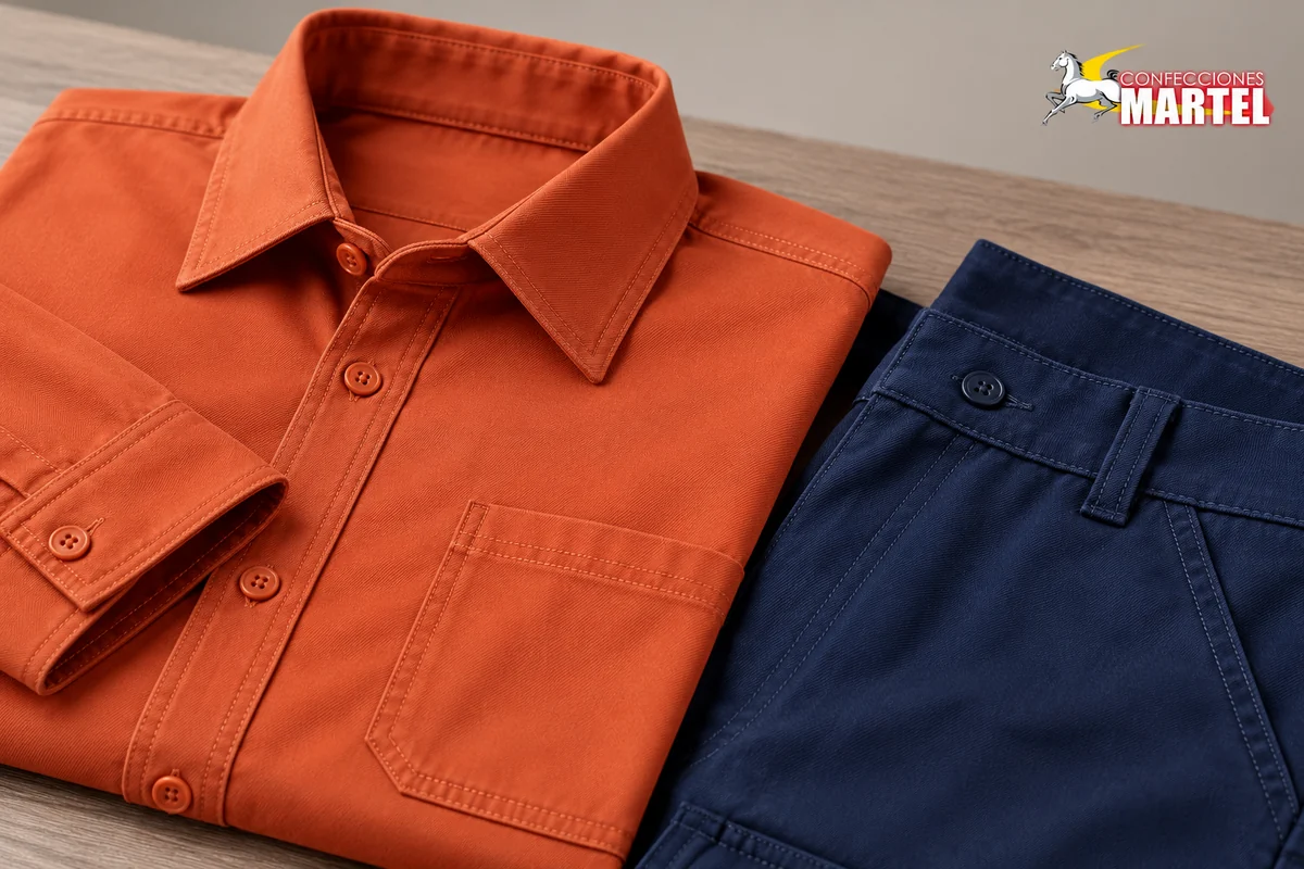 Detalle del cuello, puño y bolsillo de una camisa terracota junto a la cintura de un pantalón marino.