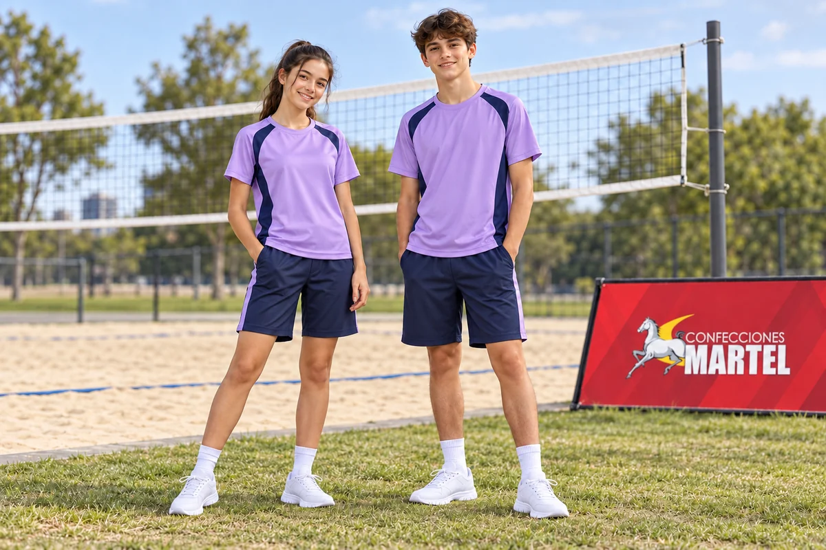 Adolescentes con propuesta de camiseta lila y short azul marino para vóley