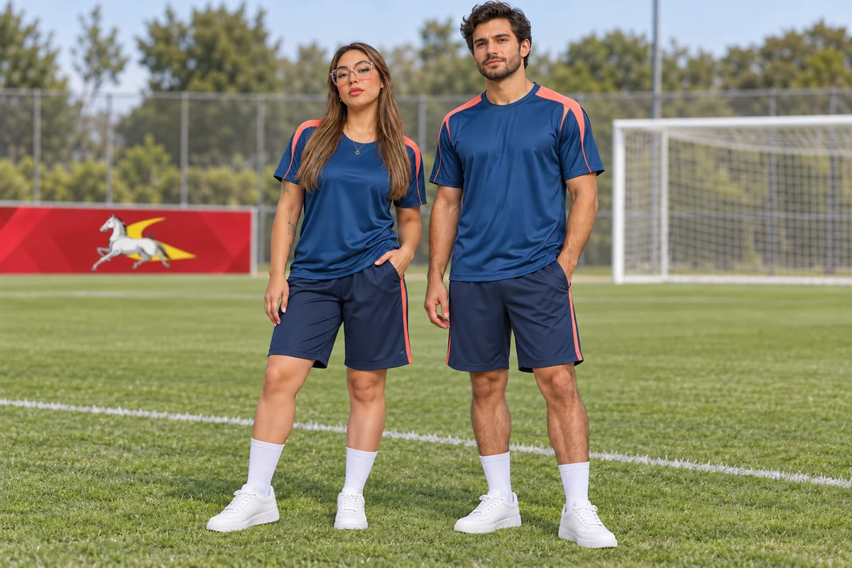 Modelos adultos muestran uniforme propuesto de fútbol en petróleo y coral