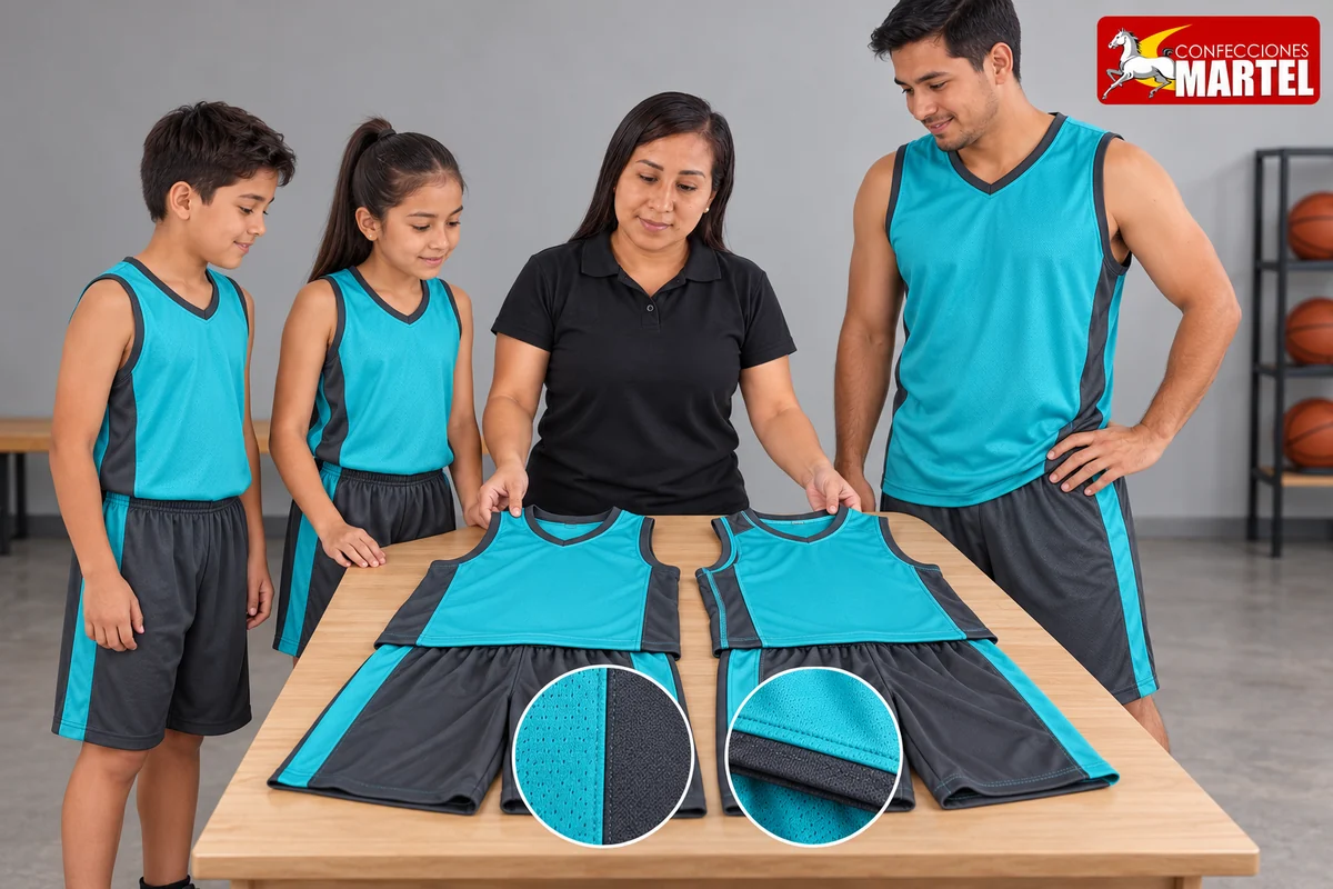 Adultos y niños junto a dos conjuntos turquesa y gris sobre mesa, con detalles de costuras.