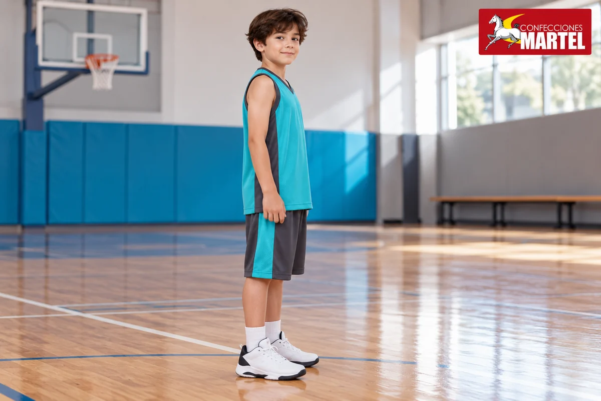 Niño de perfil con camiseta turquesa y short gris de panel lateral turquesa.