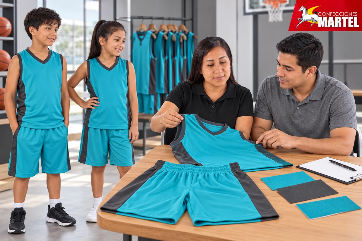 Dos adultos revisan camiseta turquesa y muestras de tela junto a niños con conjuntos deportivos.