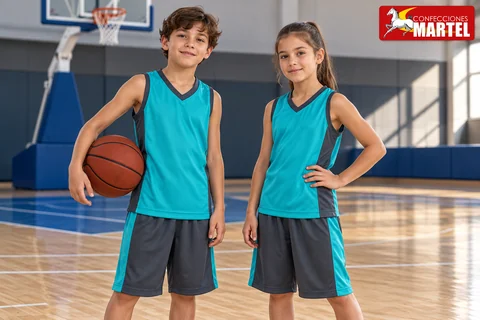Niño y niña con camisetas turquesa sin mangas y shorts grises en cancha de básquet.