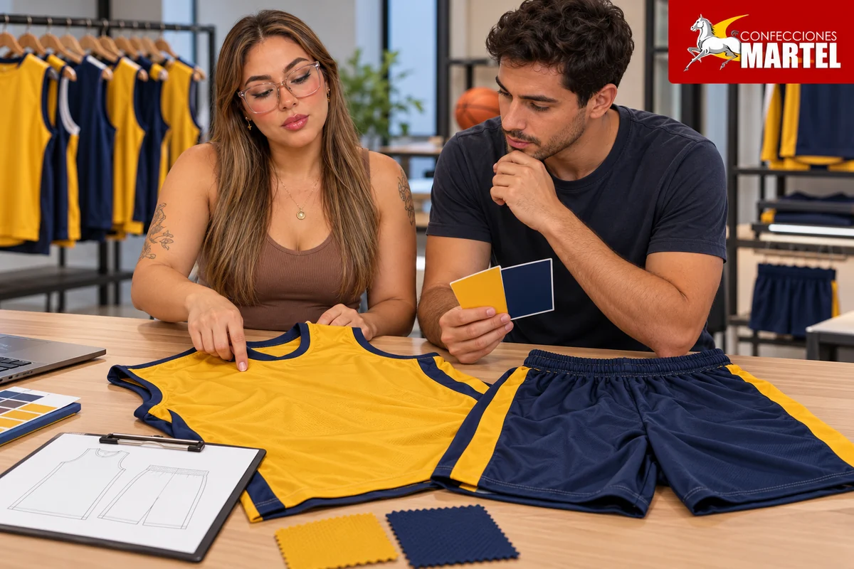 Mujer y hombre revisan camiseta mostaza de frente liso, short marino y tarjetas de color.