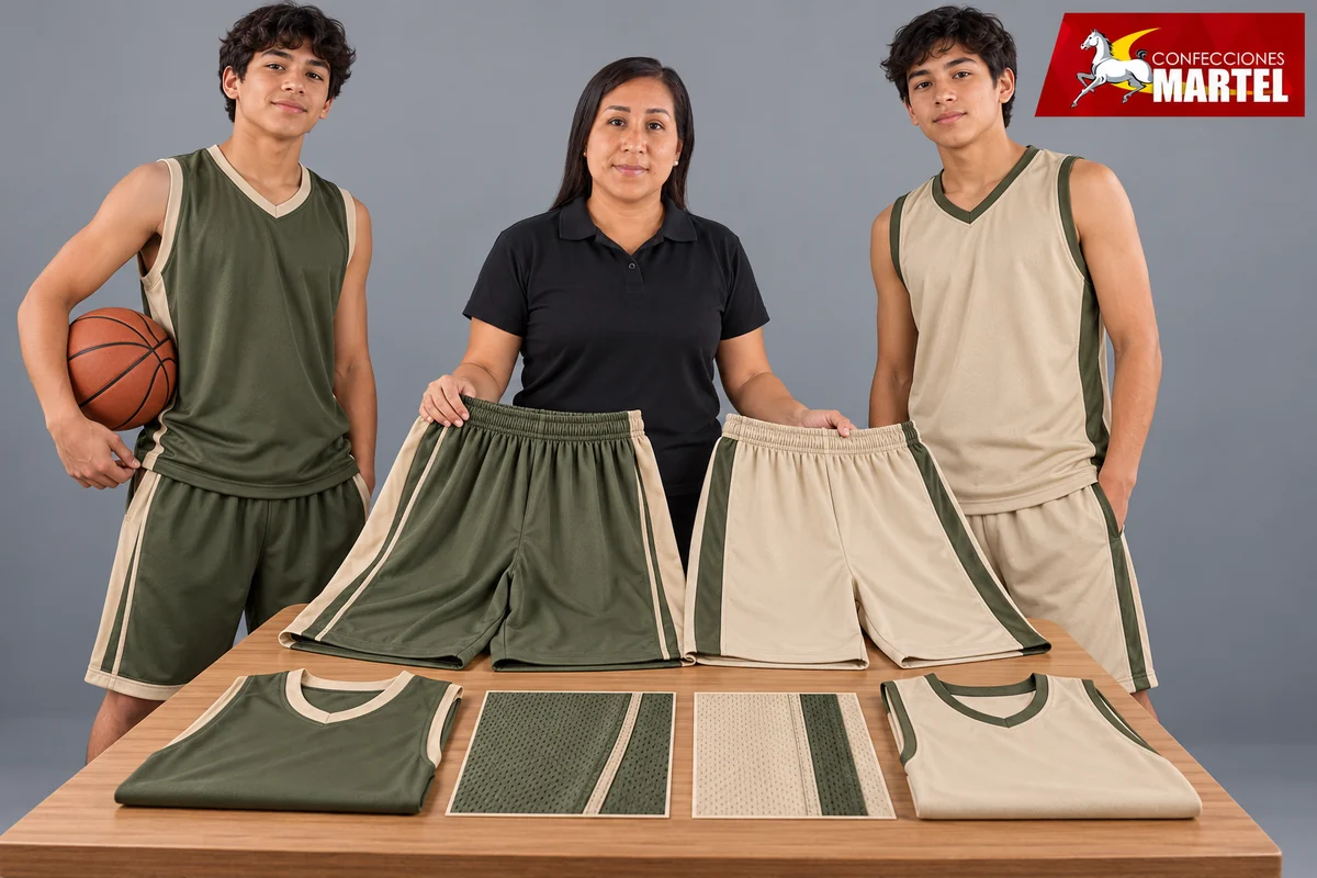 Mujer muestra dos shorts oliva y arena sobre mesa, acompañada por adolescentes con conjuntos de básquet.