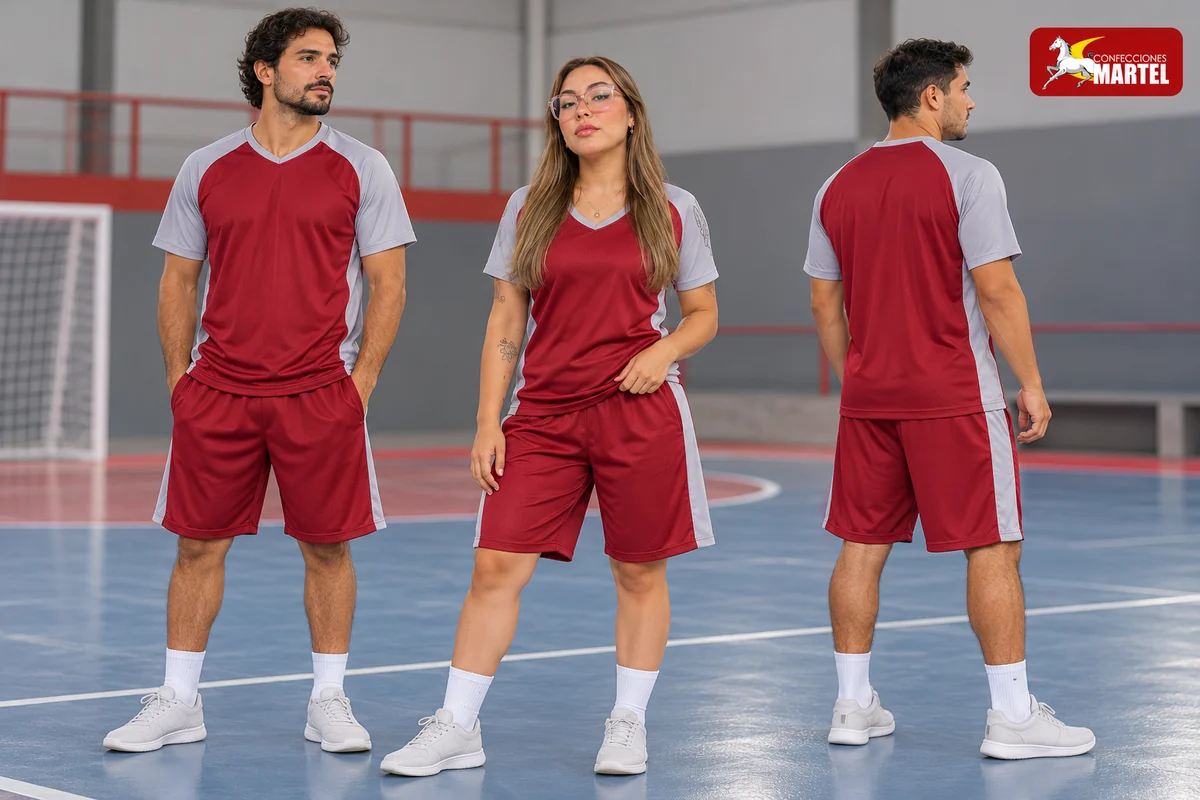 Tres modelos adultos muestran conjuntos de futsal rojo vino y gris de frente y de espalda.