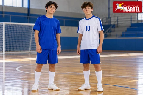 Dos adolescentes con uniformes cobalto y blanco; la camiseta blanca muestra el número 10.