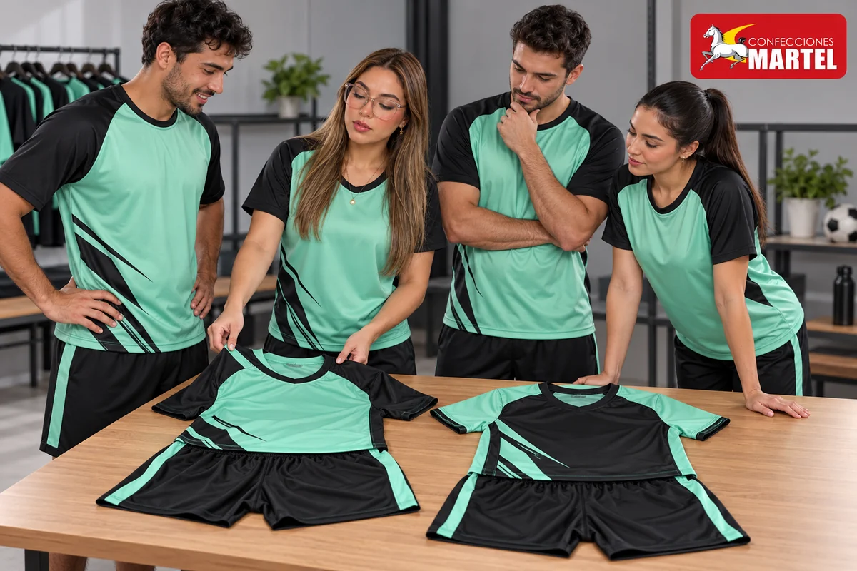 Cuatro adultos comparan dos conjuntos menta y negro con paneles diagonales sobre mesa.