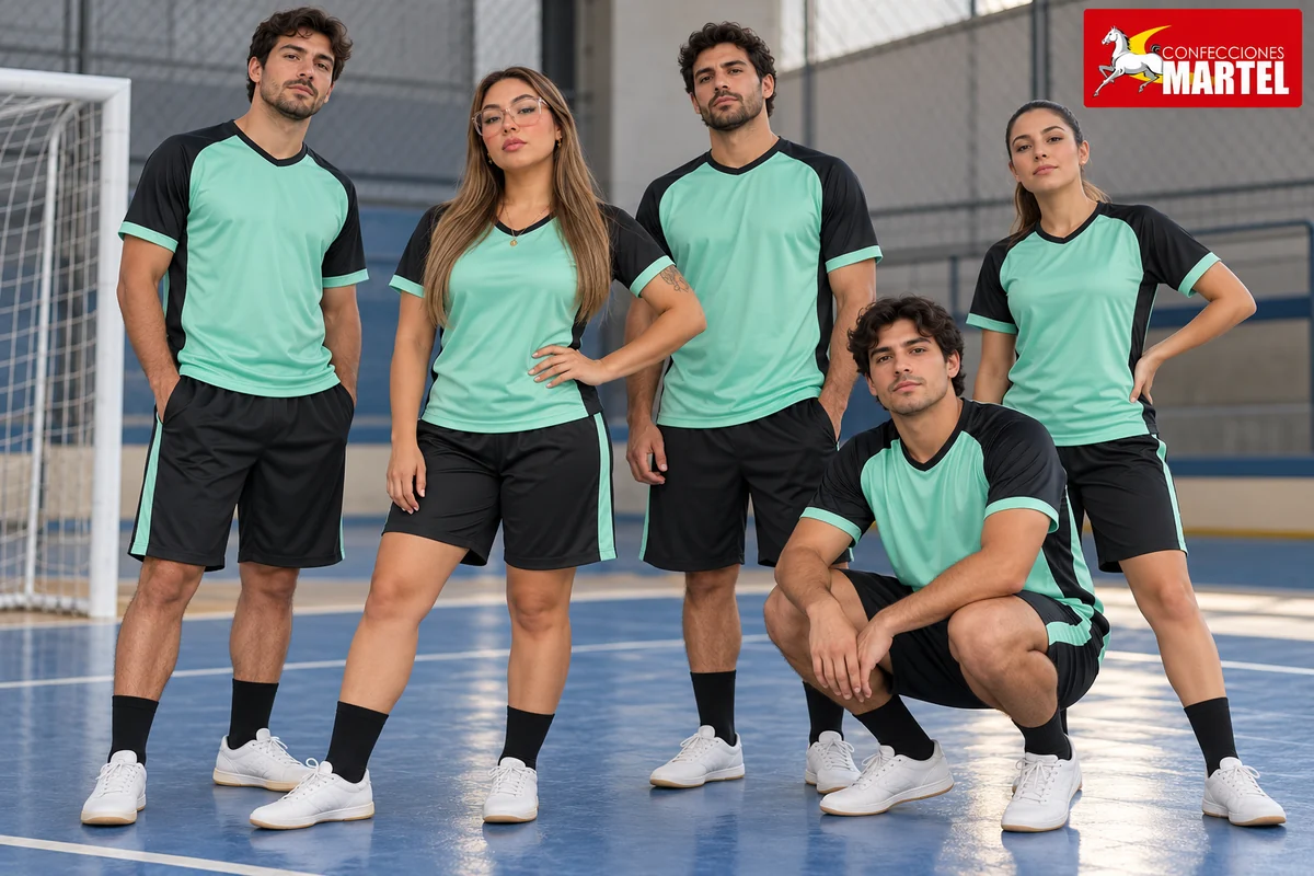 Cinco modelos adultos con conjuntos deportivos menta y negro en cancha de futsal.