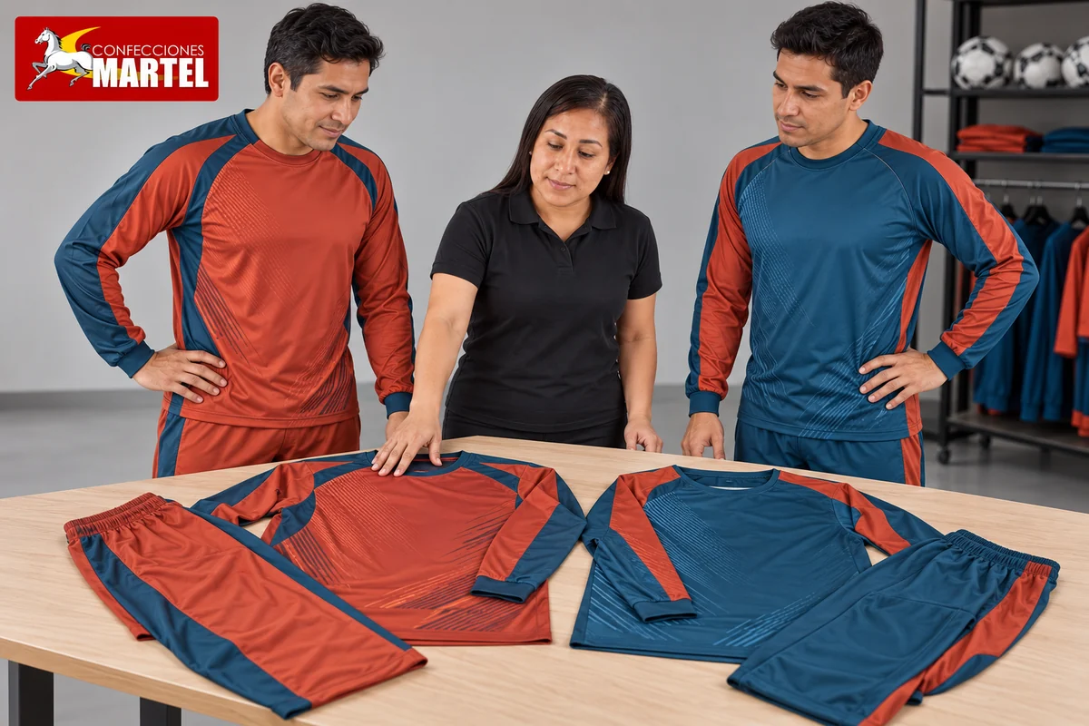 Tres adultos comparan camisetas de manga larga y pantalones terracota y petróleo sobre mesa.