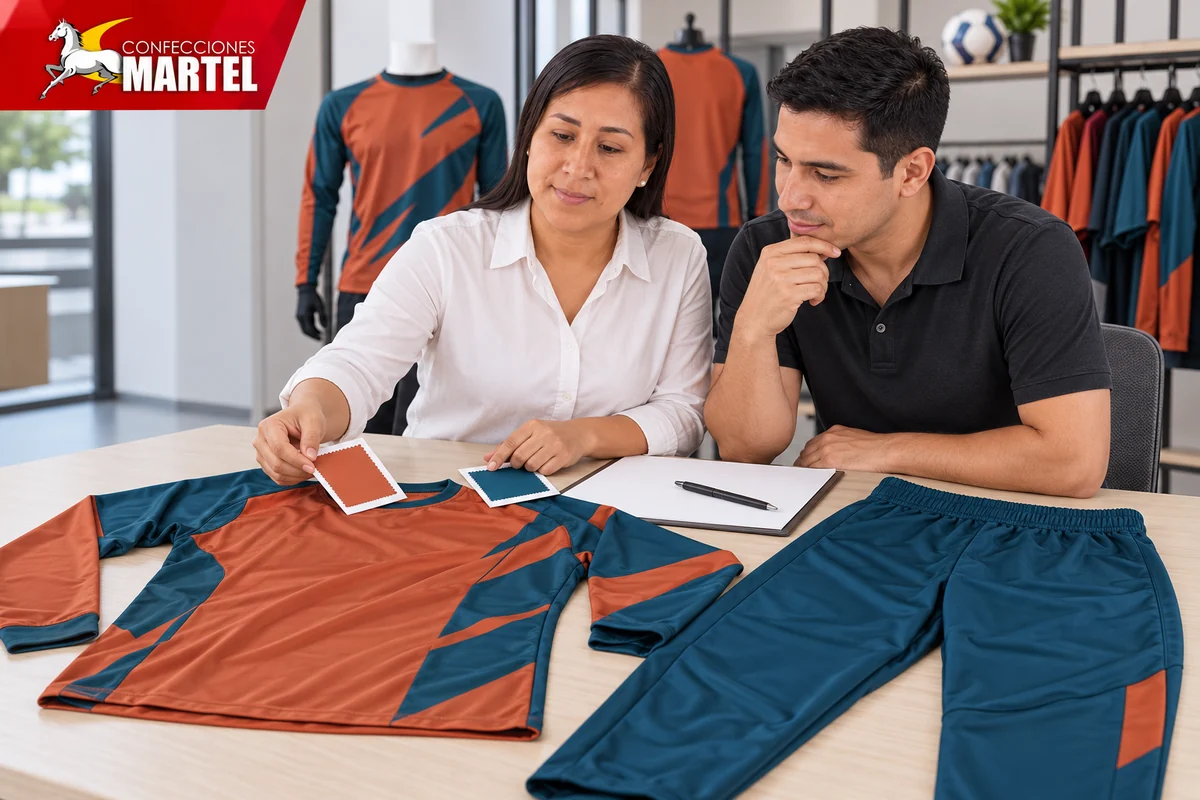 Mujer y hombre revisan muestras terracota y petróleo junto a camiseta de manga larga y pantalón.