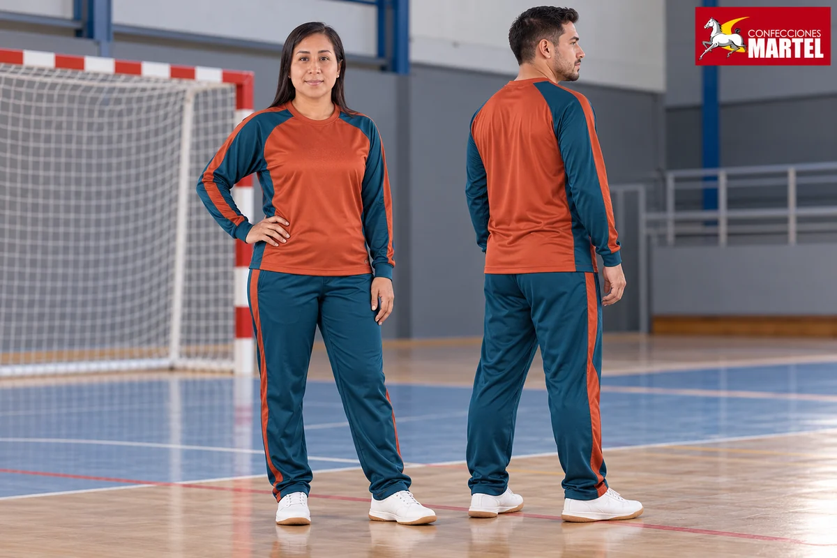 Mujer de frente y hombre de espalda con conjuntos deportivos terracota y petróleo.