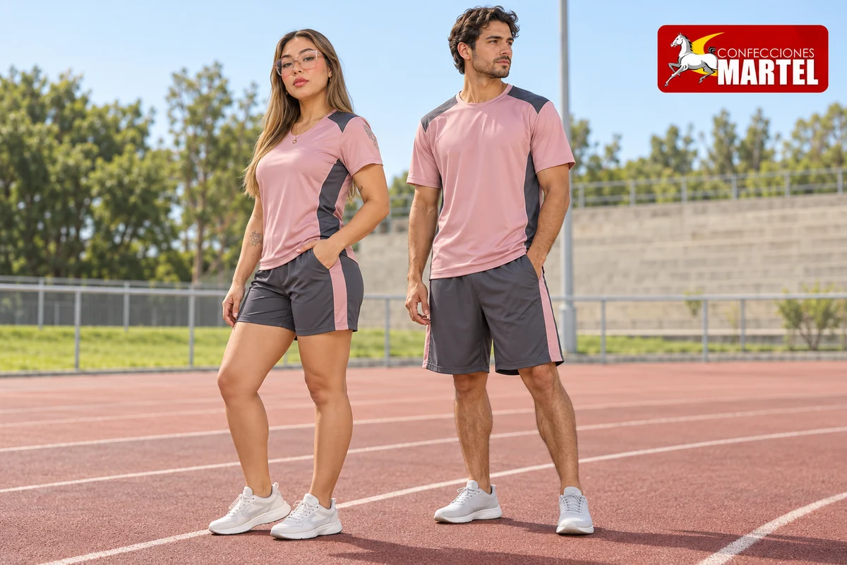 Dos adultos muestran camisetas rosa con paneles grafito y shorts grises sobre pista.