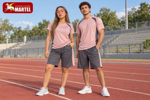 Mujer y hombre con camisetas rosa palo y shorts grafito en pista de atletismo.