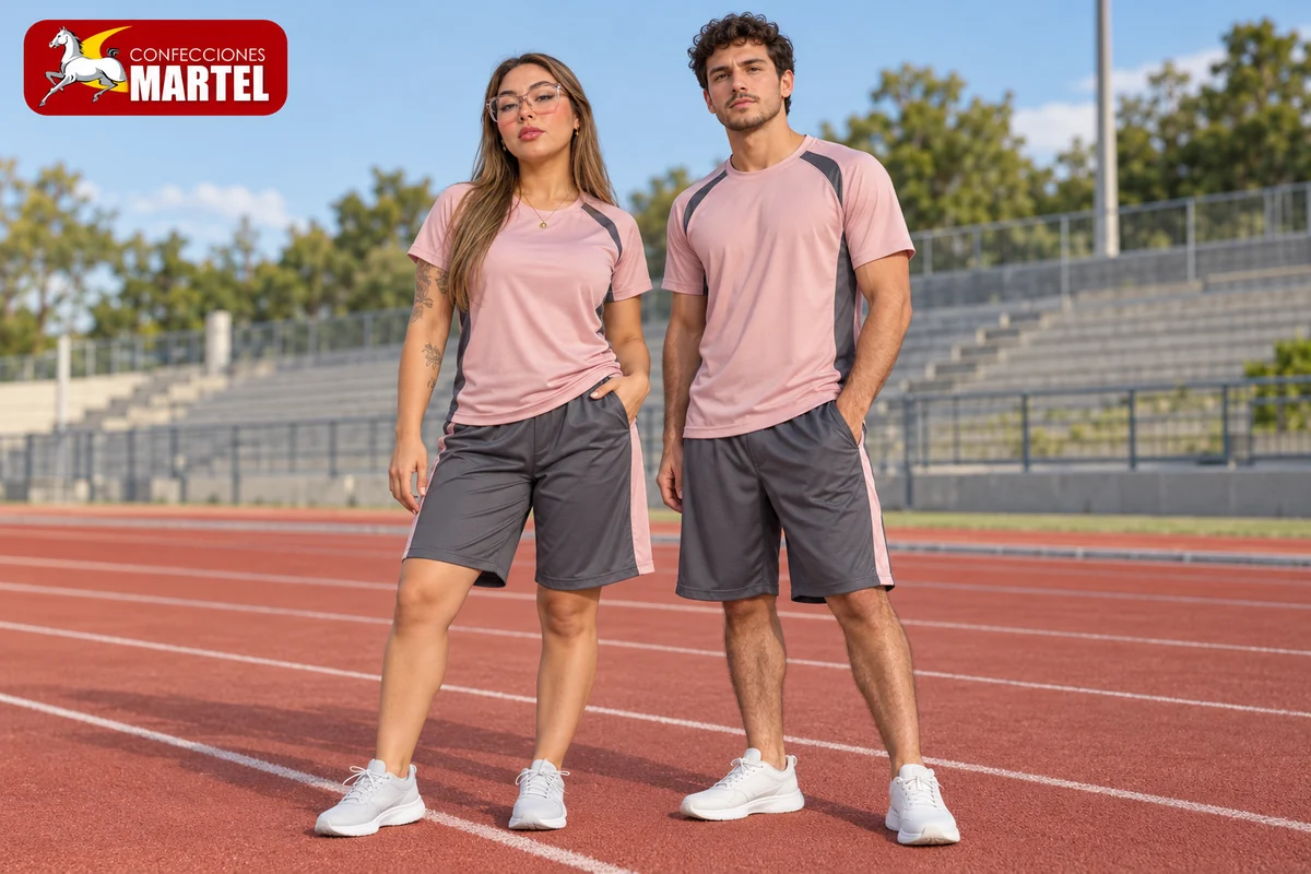 Mujer y hombre con camisetas rosa palo y shorts grafito en pista de atletismo.