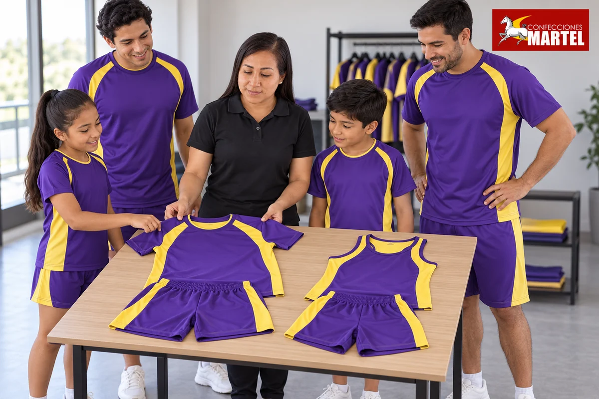 Adultos y niños junto a conjuntos violeta y amarillo, con camiseta de manga corta y variante sin mangas.