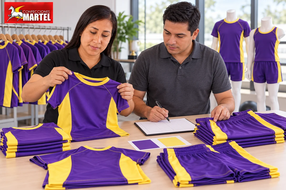 Dos adultos revisan camisetas y shorts violeta con amarillo ordenados sobre mesa.