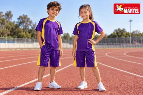 Niño y niña con camisetas y shorts violeta de paneles amarillos sobre pista de atletismo.