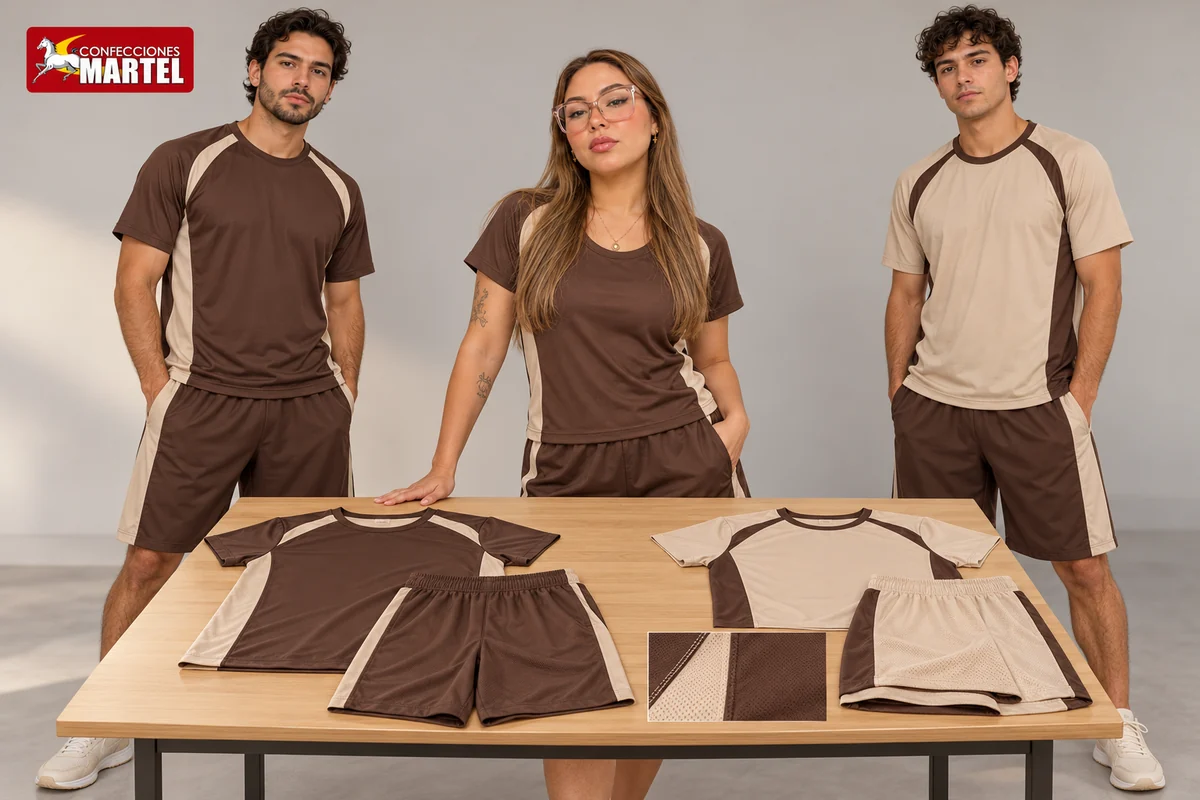 Tres adultos junto a conjuntos chocolate y beige dispuestos sobre mesa de muestras.