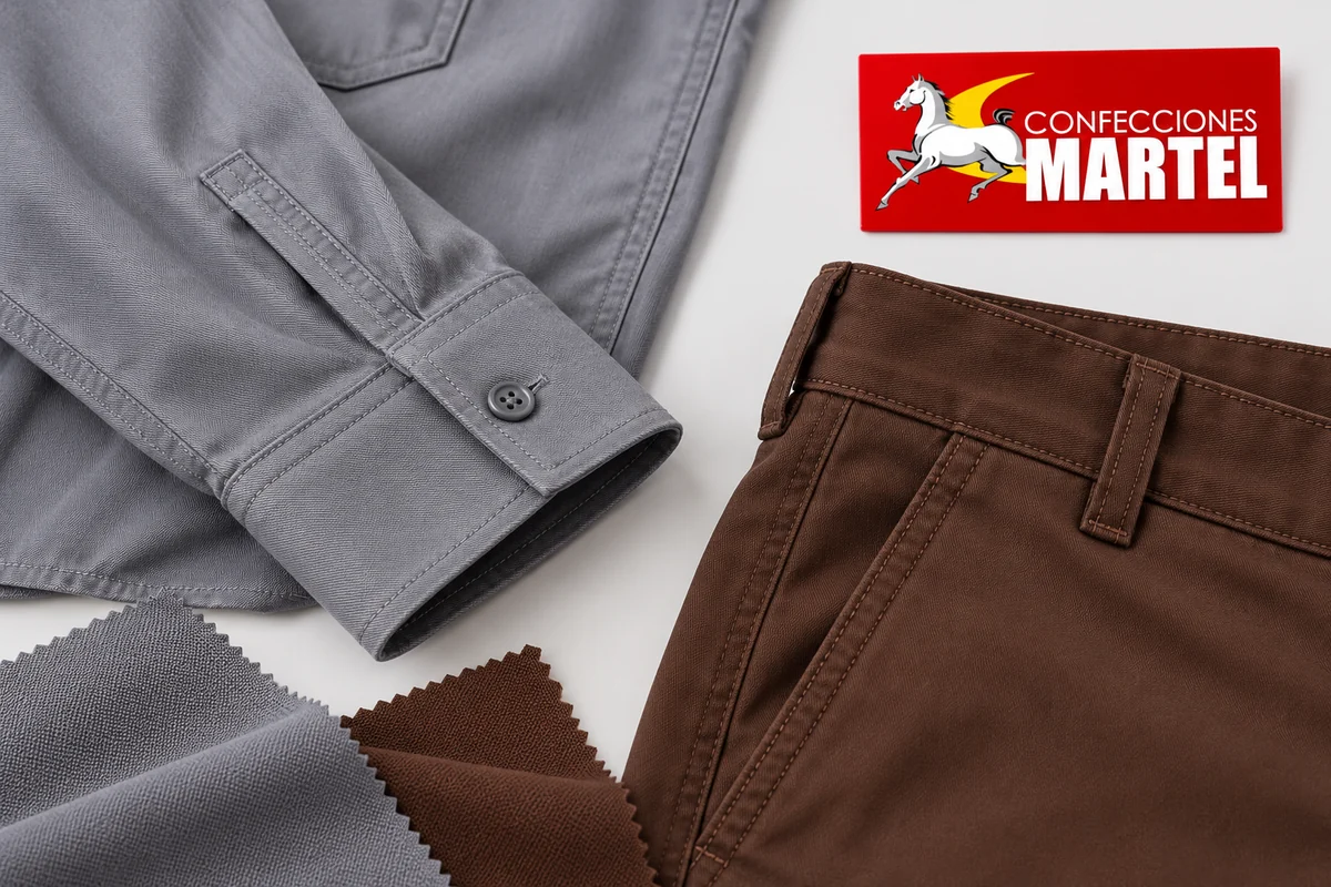 Detalle de puño gris y cintura de pantalón chocolate junto a retales