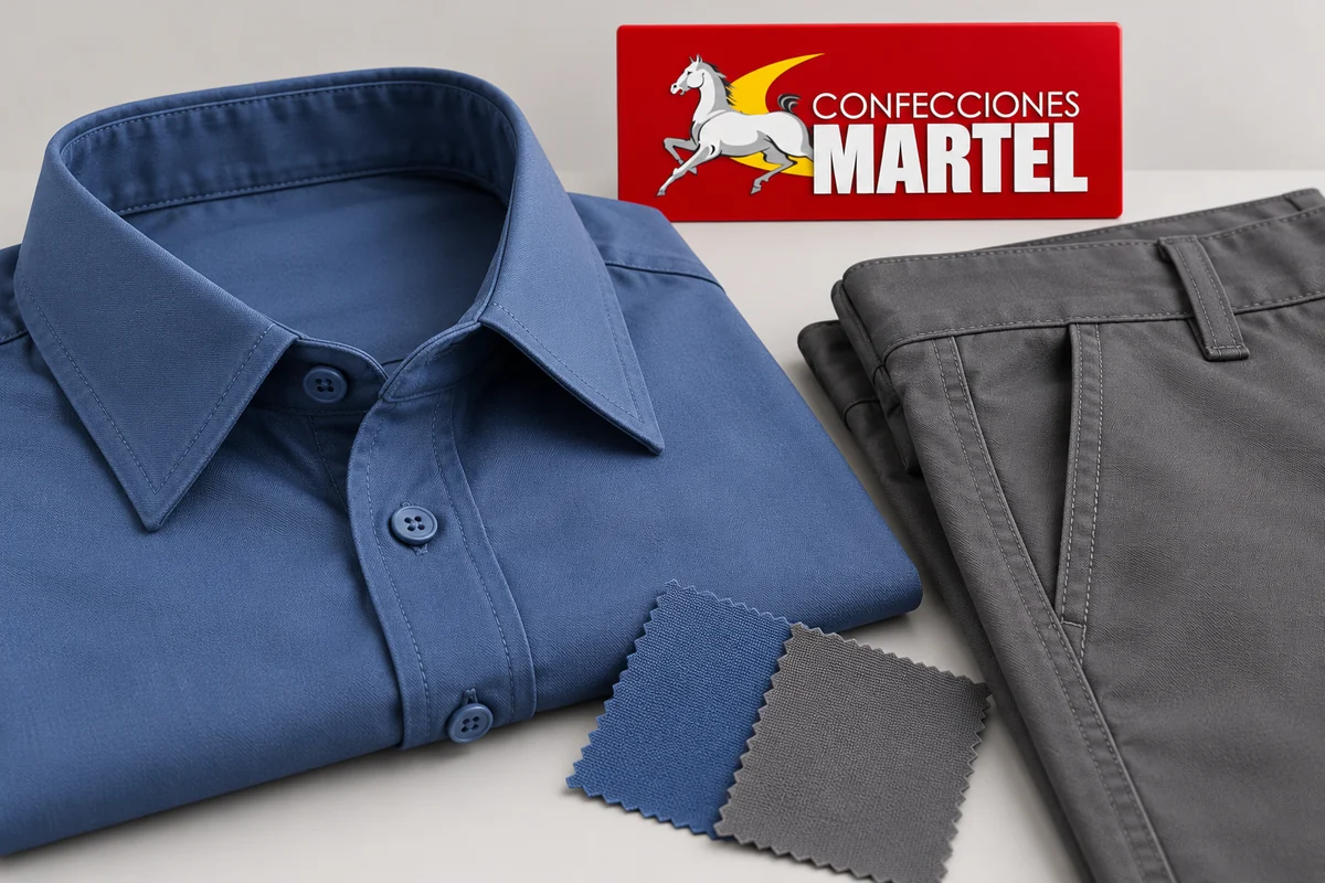 Detalle de cuello y botones azul acero junto a cintura gris y retales
