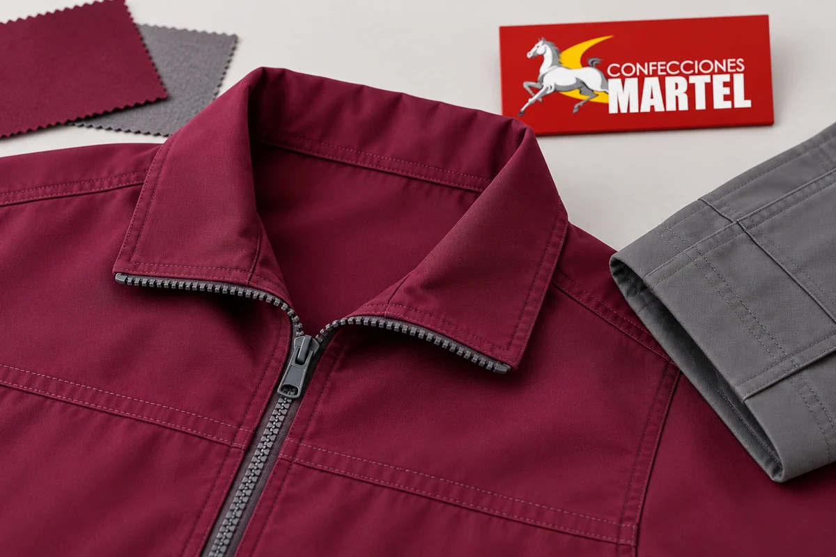 Detalle de cuello y cremallera ciruela junto a tela gris y retales