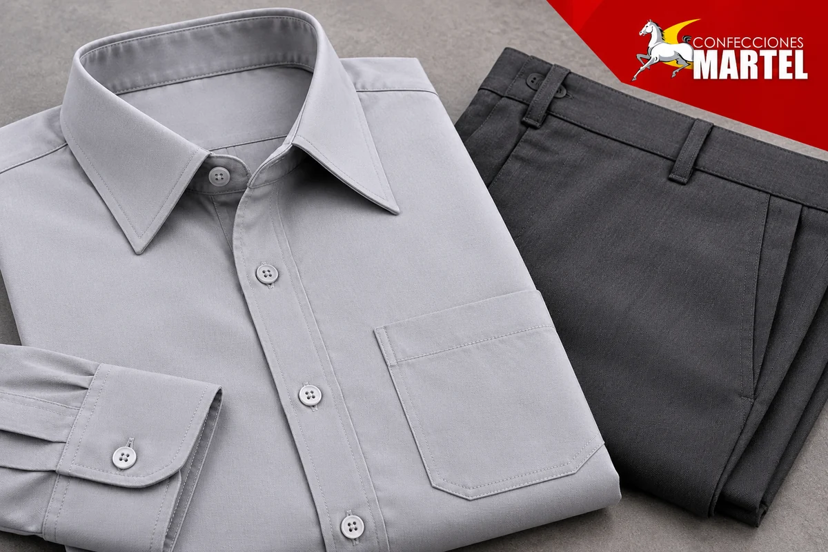 Detalle de cuello botones y bolsillo de camisa gris junto a pantalón