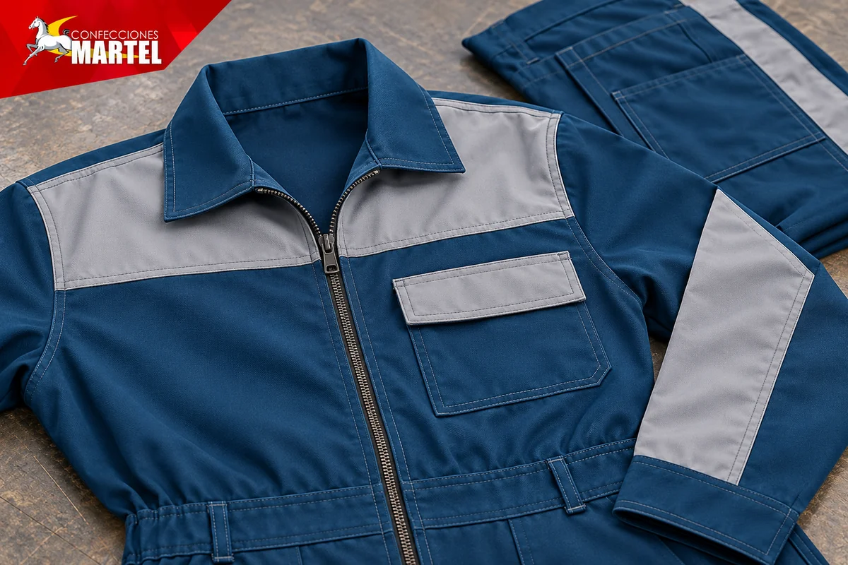 Detalle de cuello cierre y bolsillo de overol azul con panel gris