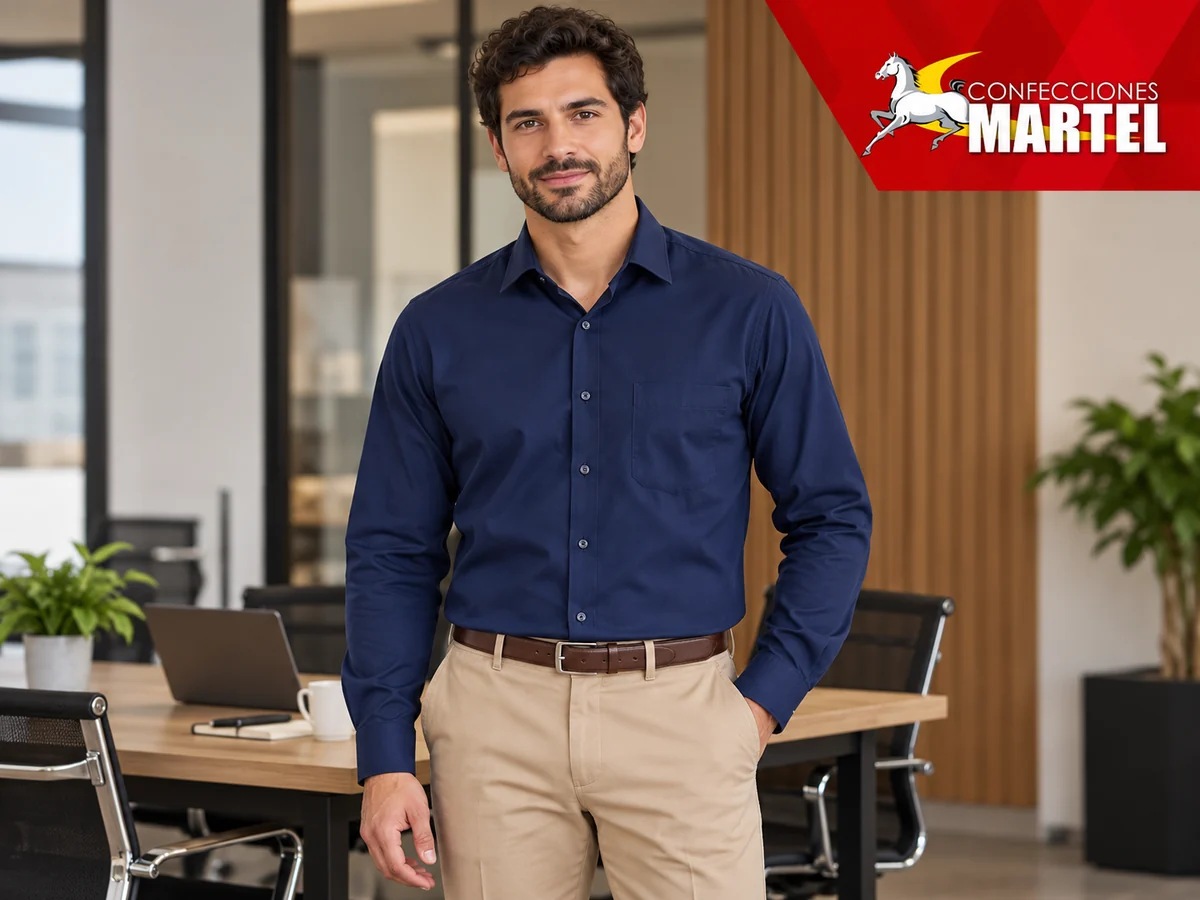 Detalle del cuello clásico y botones de camisa azul petróleo