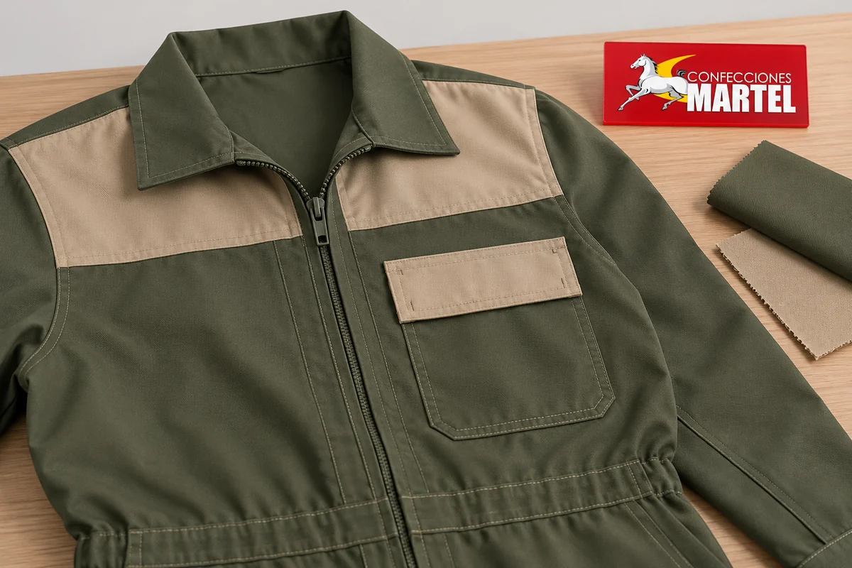 Detalle de cuello, cremallera y bolsillo de overol oliva con panel arena