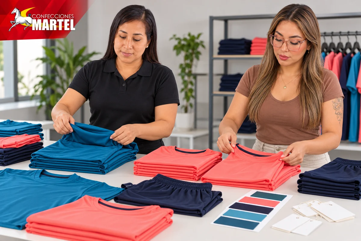 Dos mujeres doblan camisetas petróleo y coral junto a shorts marinos, muestras de color y tarjetas vacías.